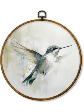 Vintage Hummingbird Round Wall Art - Watercolor Farmhouse Decor, 10x10 Inches